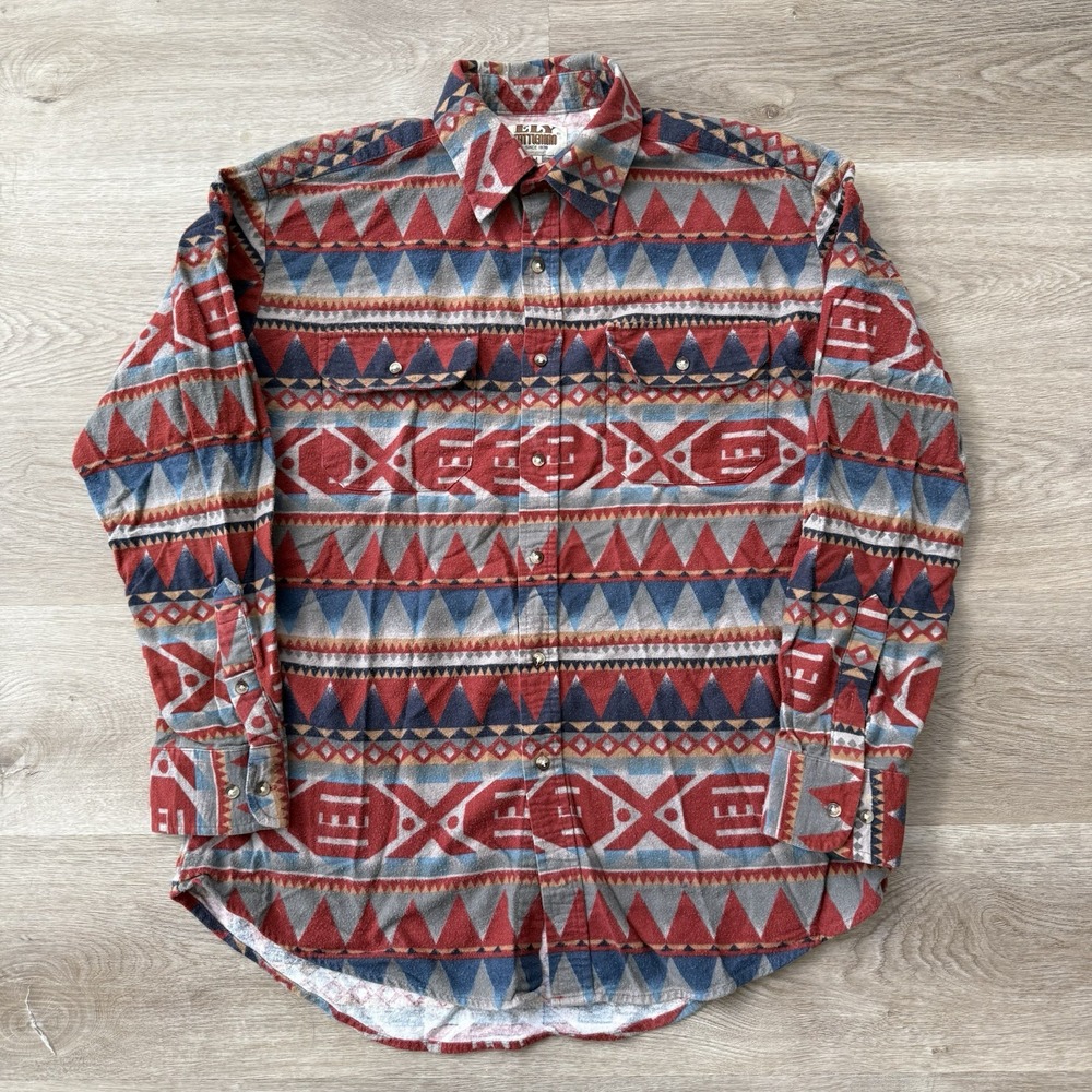 Vintage Ely Cattleman Button Down Shirt Mens M Aztec Geometric Print Western